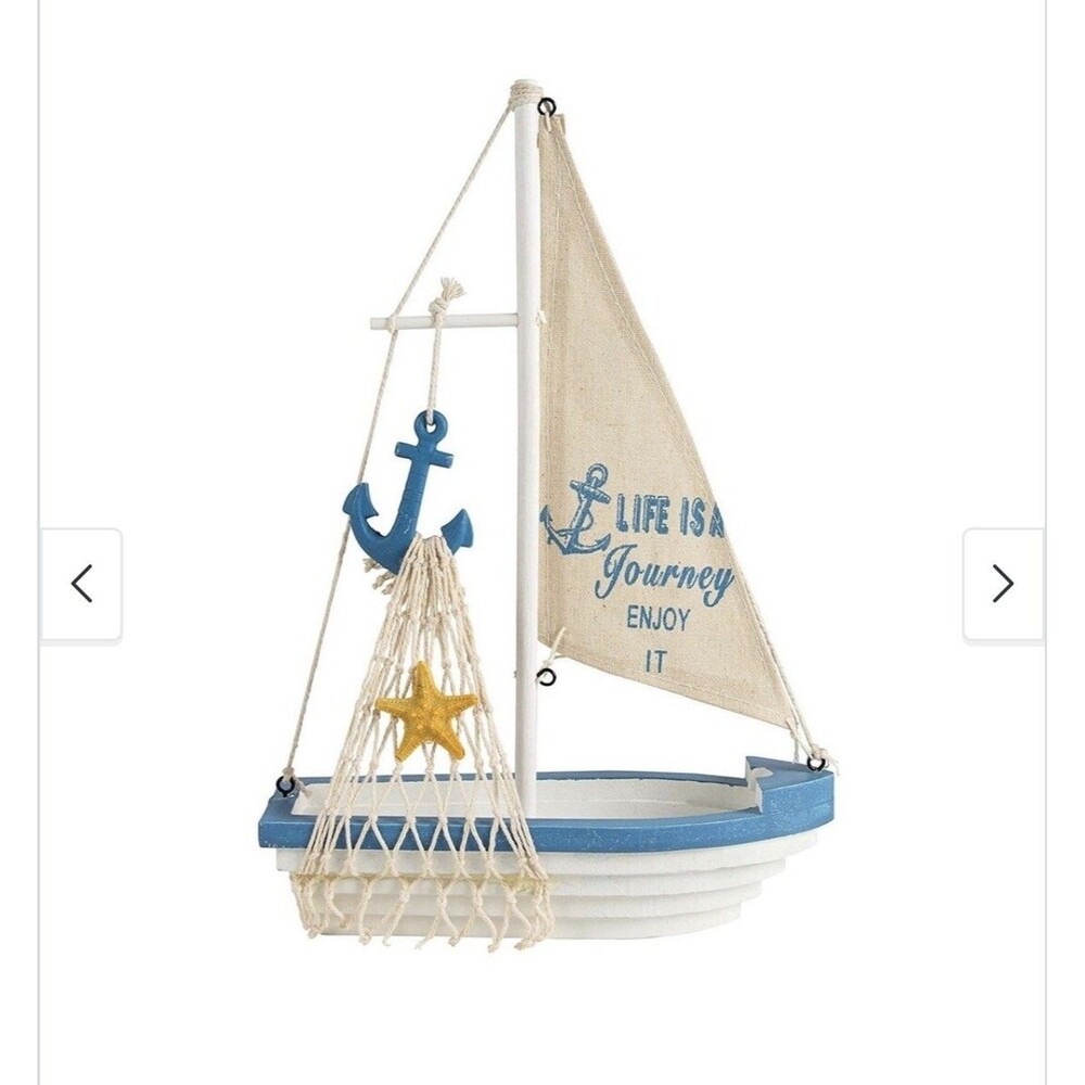 Nautical Coastal beach Decor Wooden Sailboat blue& white 12 inches x 8.25 inches